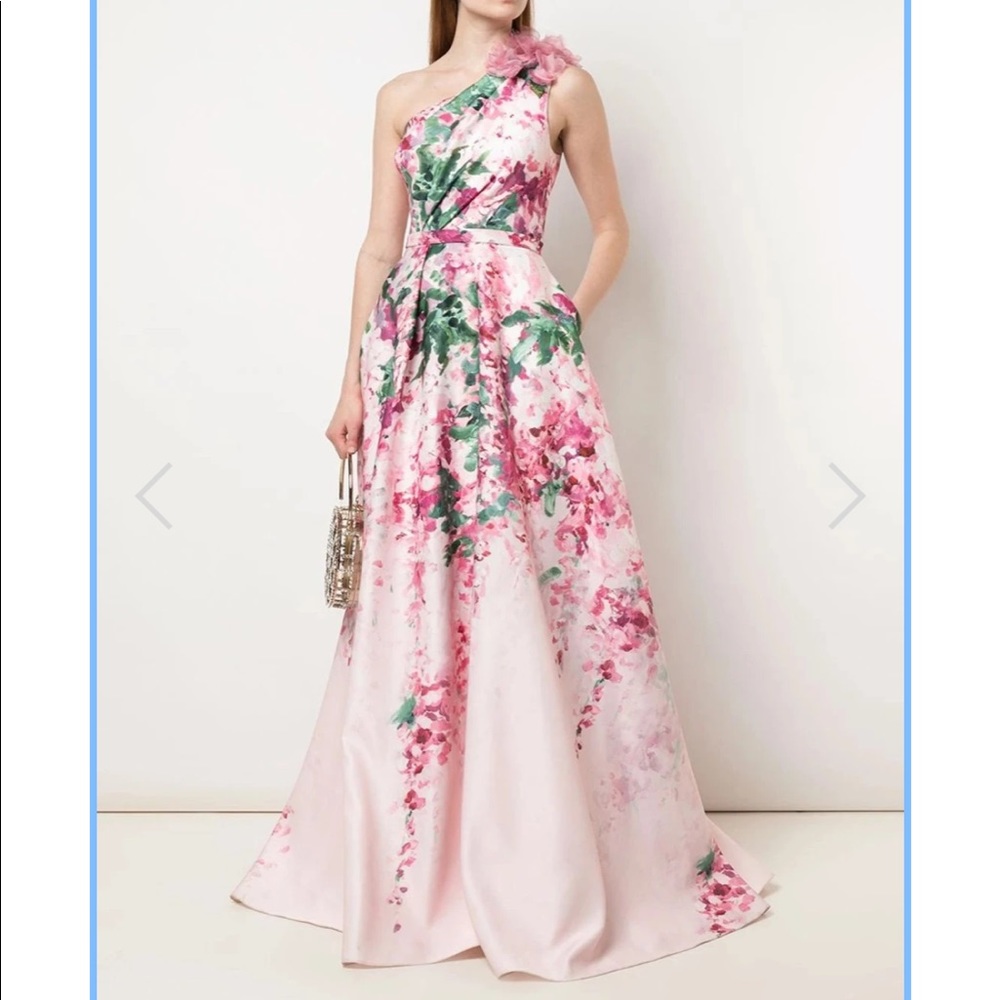 Marchesa One-Shoulder Print Duchess Satin Ball Gown